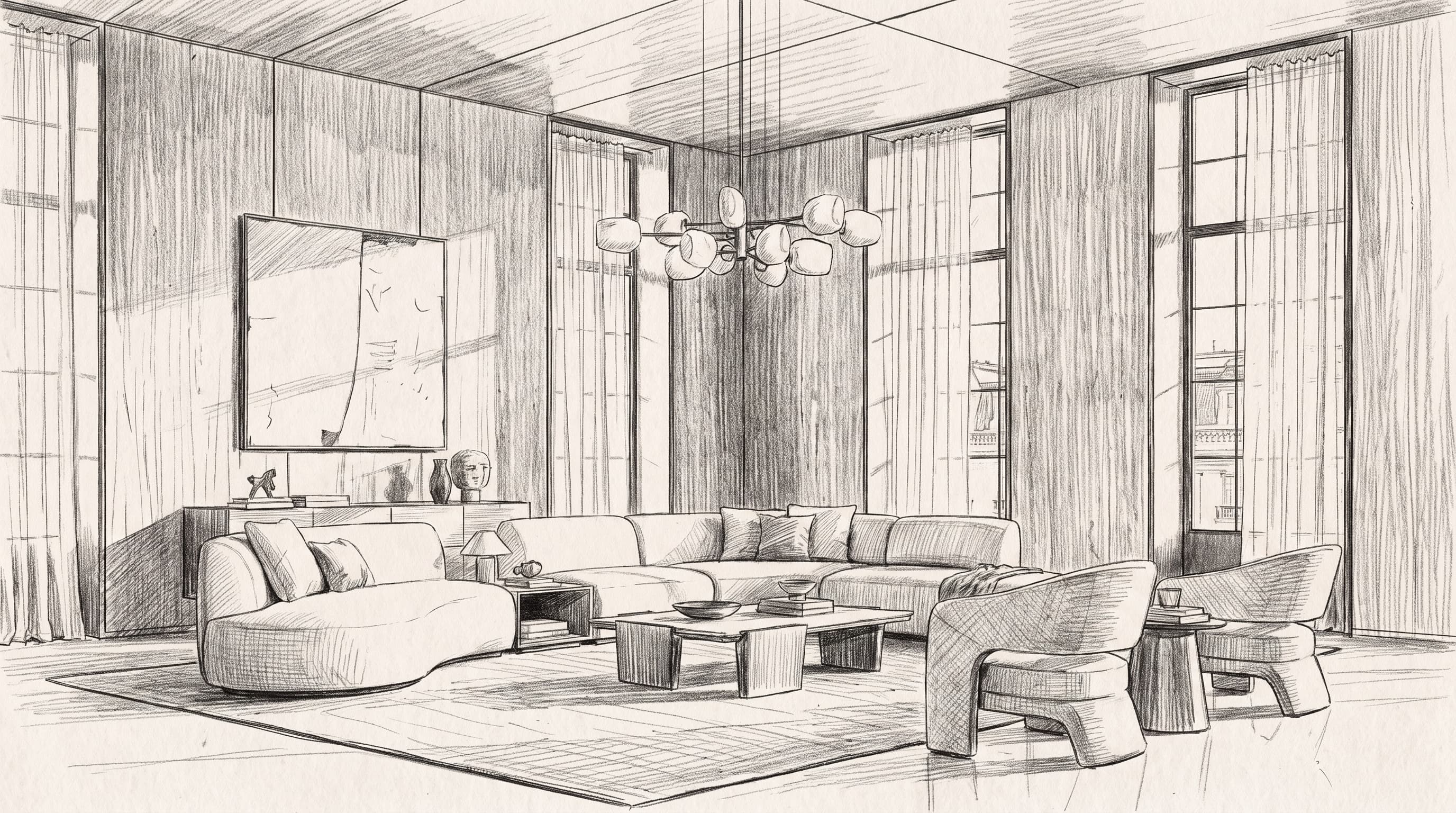 Pencil sketch of a living room with timber panelling and tall windows