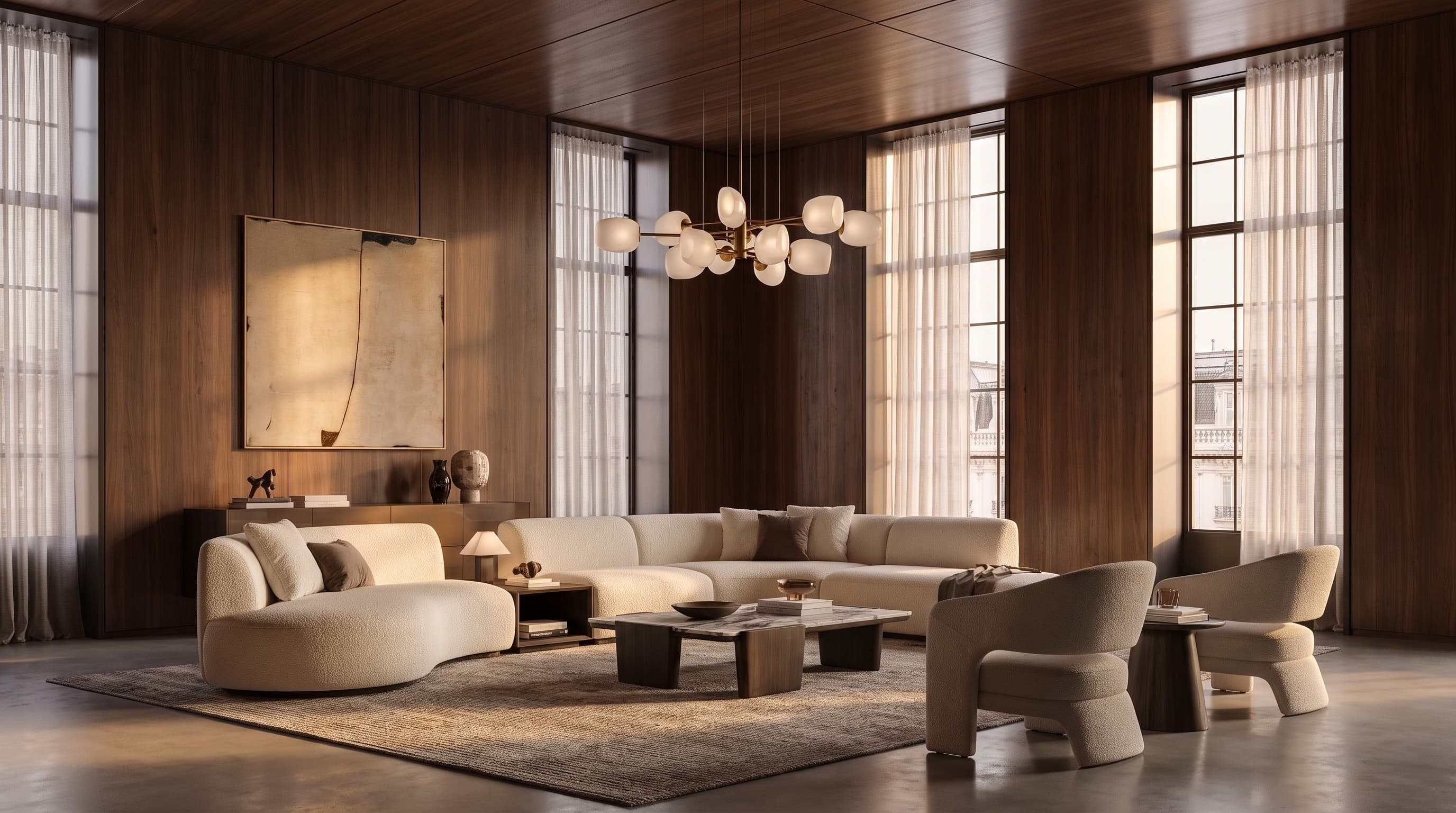 Photoreal render of the same living room with warm timber panelling and a curved sofa
